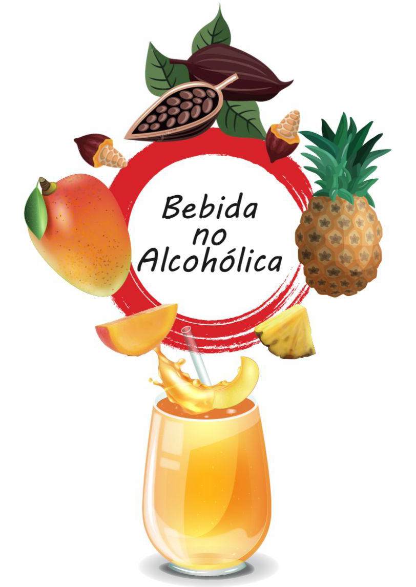 Figura representativa de la bebida no alcohólica a base de mucílago y placenta de Theobroma cacao L, Ananas comosus y Mangifera indica