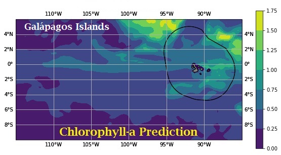 Representation of chlorophyll-a presence prediction around Galápagos Islands